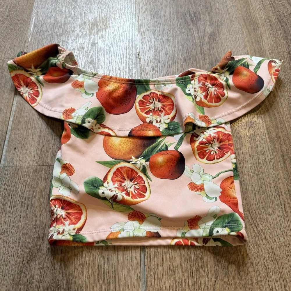 Kortni Jeane pink citrus orange print off the shoulder ruffle swim top 9-12 Mont